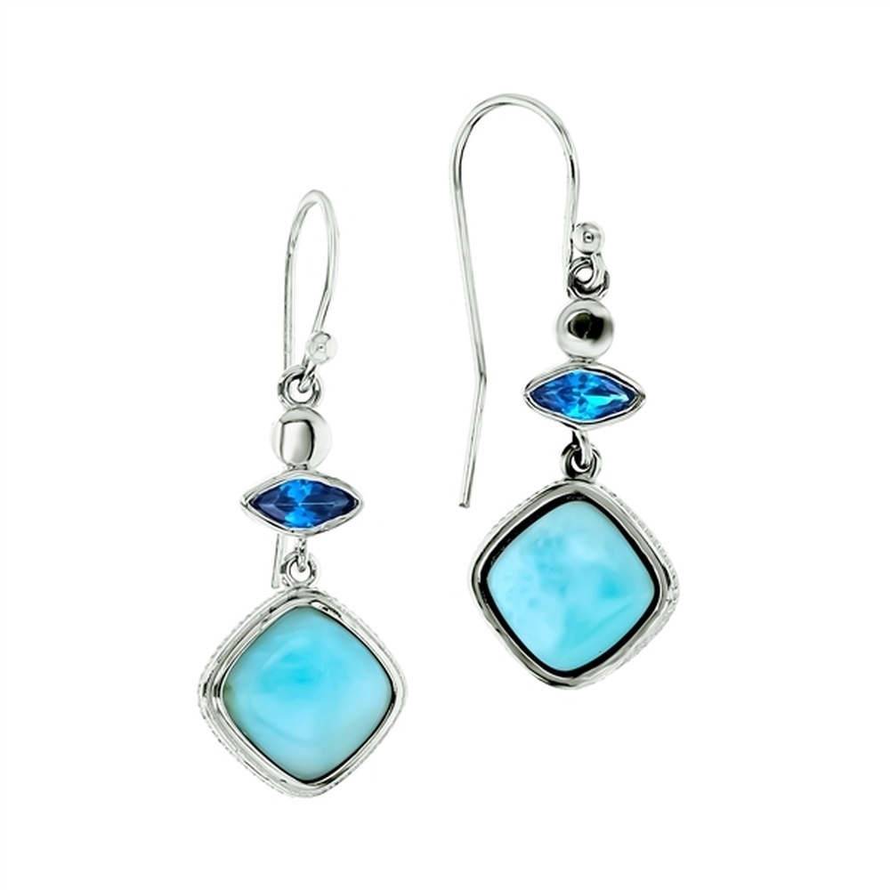Larimar Rhombus Shape w Marquise Dark Aqua Bezel CZ Drop Earrings French Wire